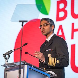 United States Surgeon General Vice Admiral (VADM) Vivek H. Murthy, MD, MBA pictured speaking at Partnership for a Healthier America's 2016 Building a Healthier Future Summit.