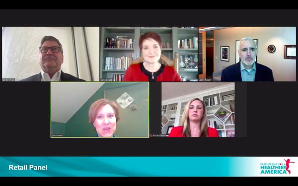 Healthy Retail Panel from PHA10: Accelerating a Healthier Future, featuring Gordon Reid of Stop & Shop, Carla Balakgie, NAMA, Jason Reiser of Dollar General, Darci Vetter of Edelman, and Allison Ellison of Walmart.