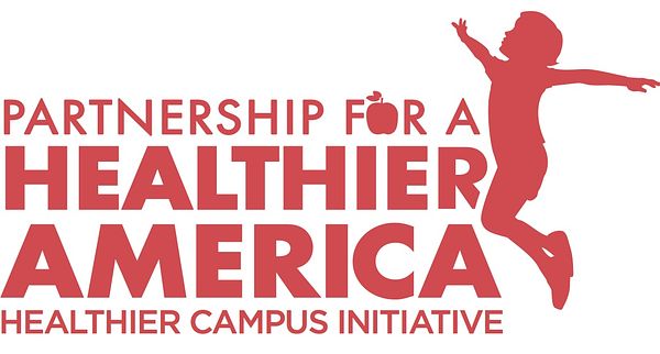 Logo for Partnership for a Healthier America's Healthier Campus Initiative logo in red.