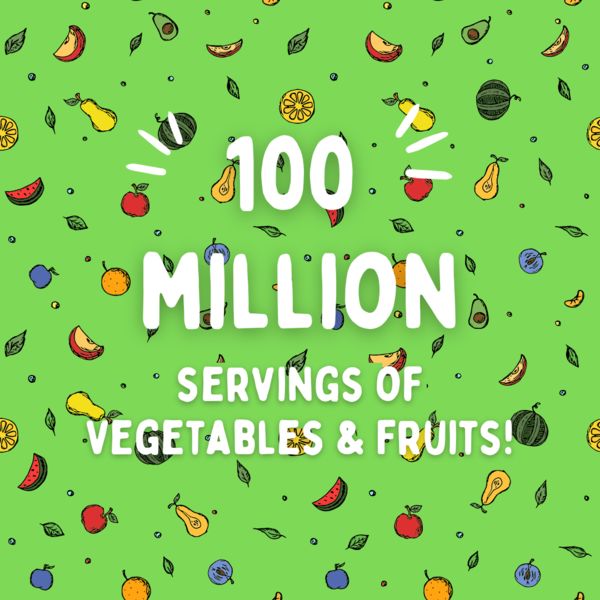 100 million servings graphic with green background