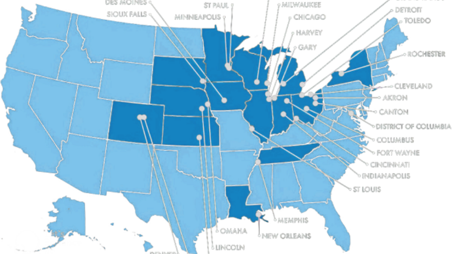 Map of US with some cities labeled.