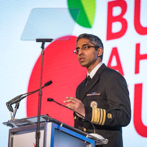 United States Surgeon General Vice Admiral (VADM) Vivek H. Murthy, MD, MBA pictured speaking at Partnership for a Healthier America's 2016 Building a Healthier Future Summit.