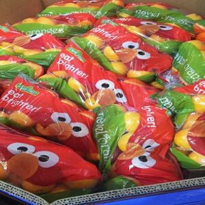 Image of Elmo-branded produce for the eat brighter! Initiative. 