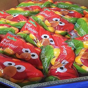 Image of Elmo-branded produce for the eat brighter! Initiative. 