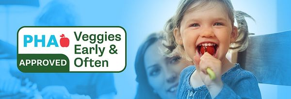 Toddler eating veggies alongside Veggies Early & Often logo