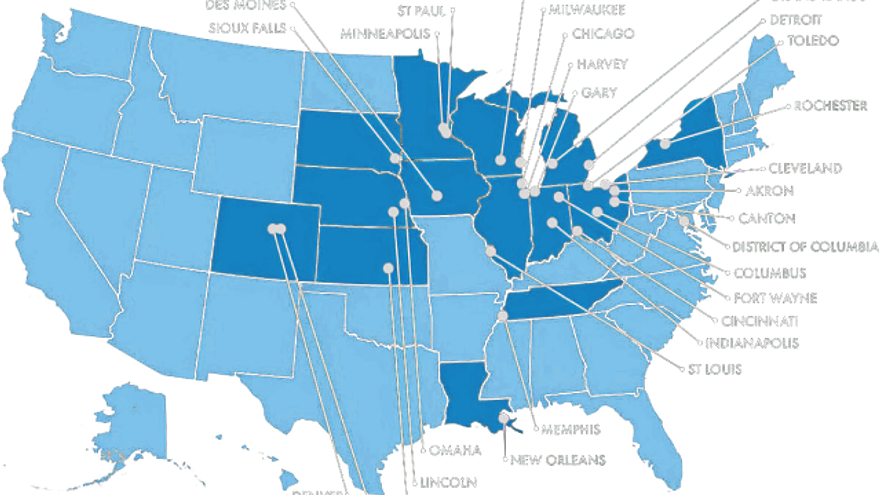 Map of US with some cities labeled.